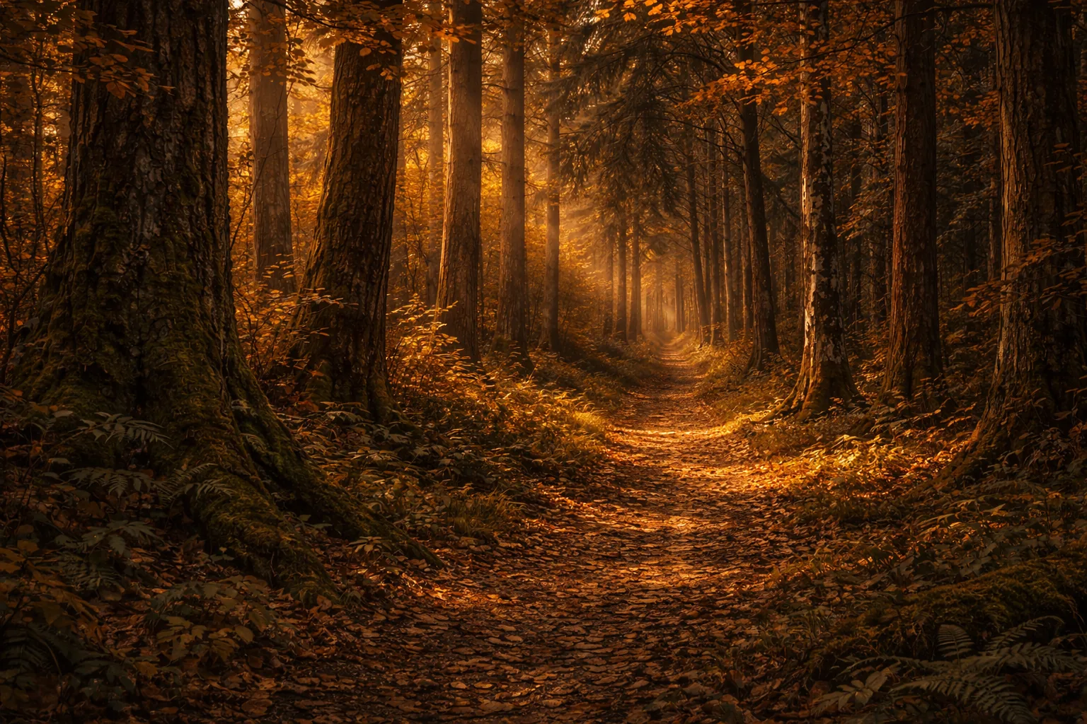 Golden afternoon light filtering through the Ukrainian autumn forest canopy